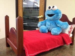 Cookie Monster is ready for Pajama Week at The Hello Clinic.