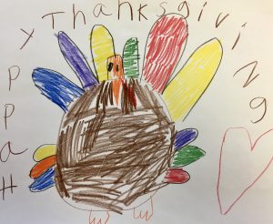 Child's drawing of a turkey with colorful feathers and a heart, with text: "Happy Thanksgiving."