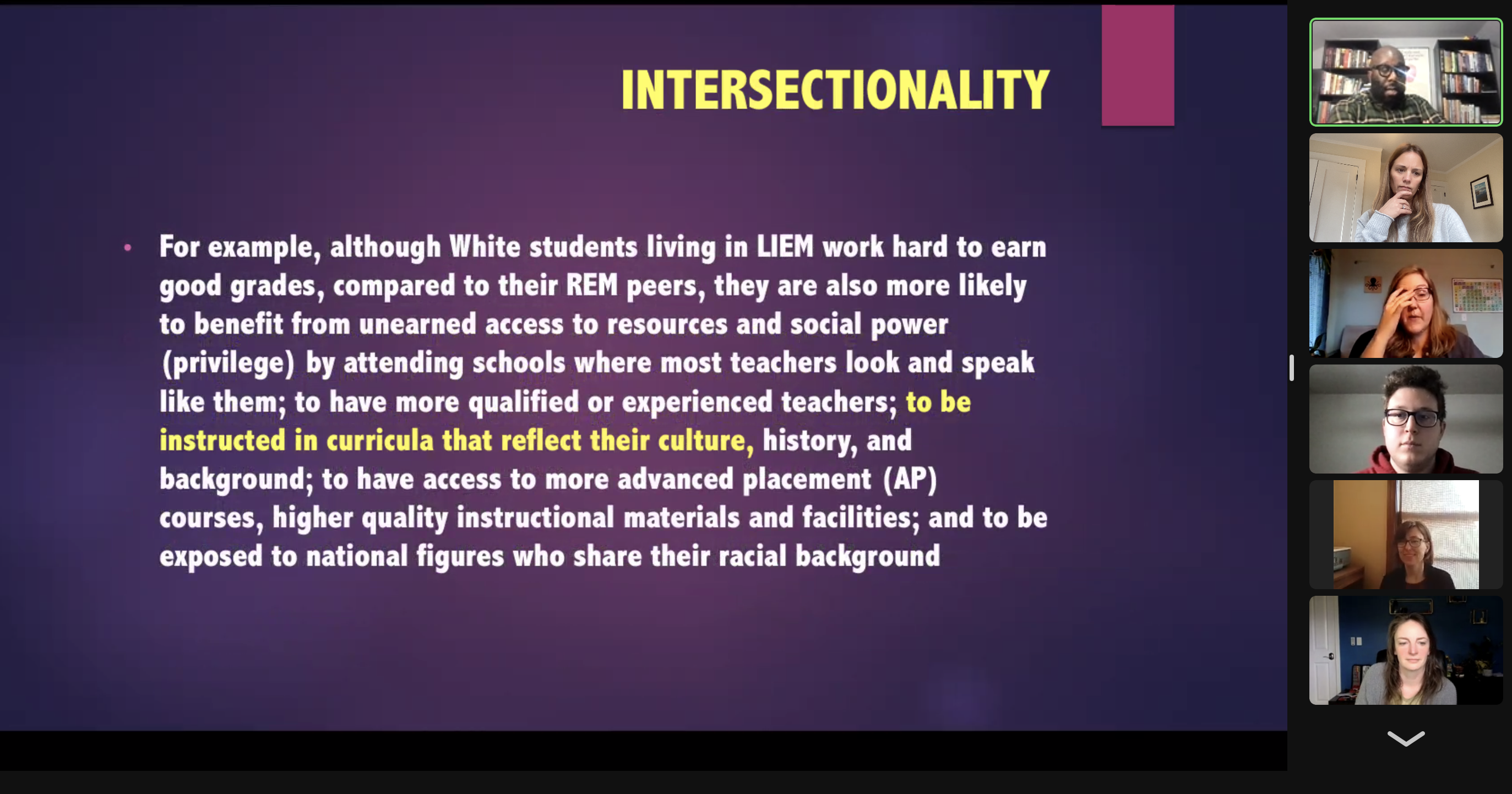zoom screenshot, 5 participants' faces on the right side, and a presentation slide that says "intersectionality"